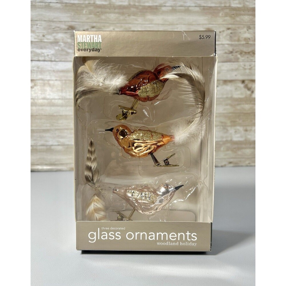 MARTHA STEWART Christmas Ornaments 3 Birds Tail Feathers Glass Clip on Gold 2008